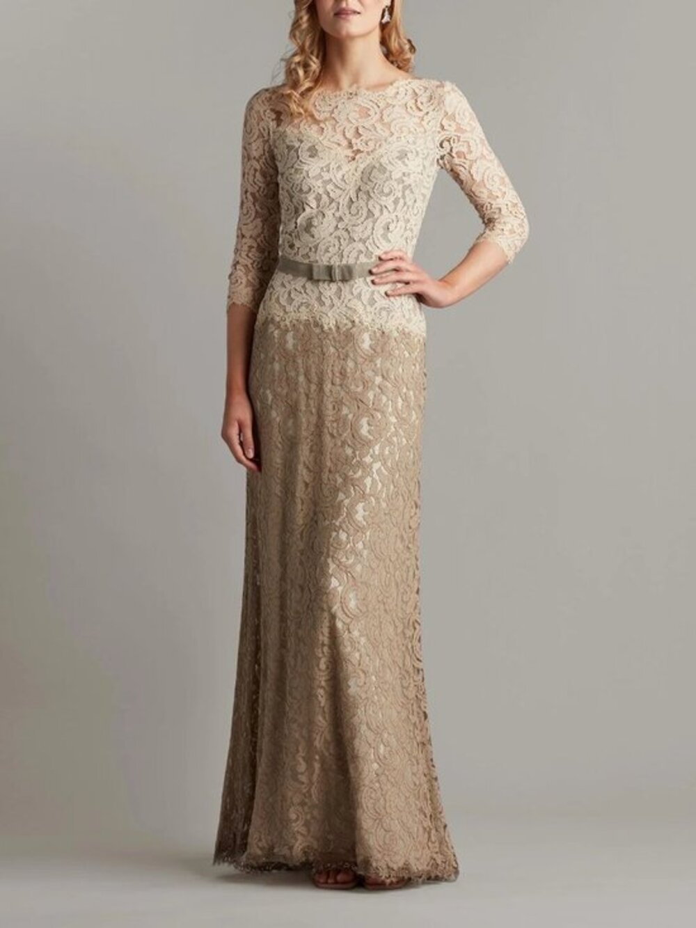 Tadashi Shoji Amberly Belted Lace ¾ Sleeve Gown in Latte Pumice Size 4